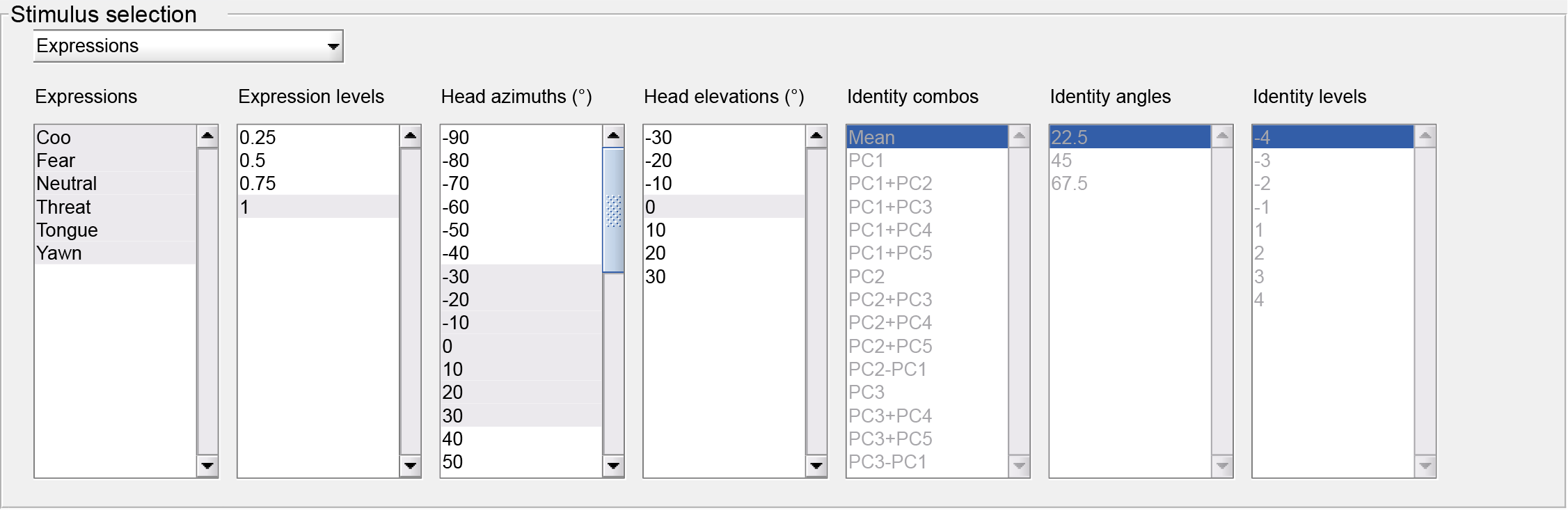 MF3D Stimulus Editor GUI selection panel